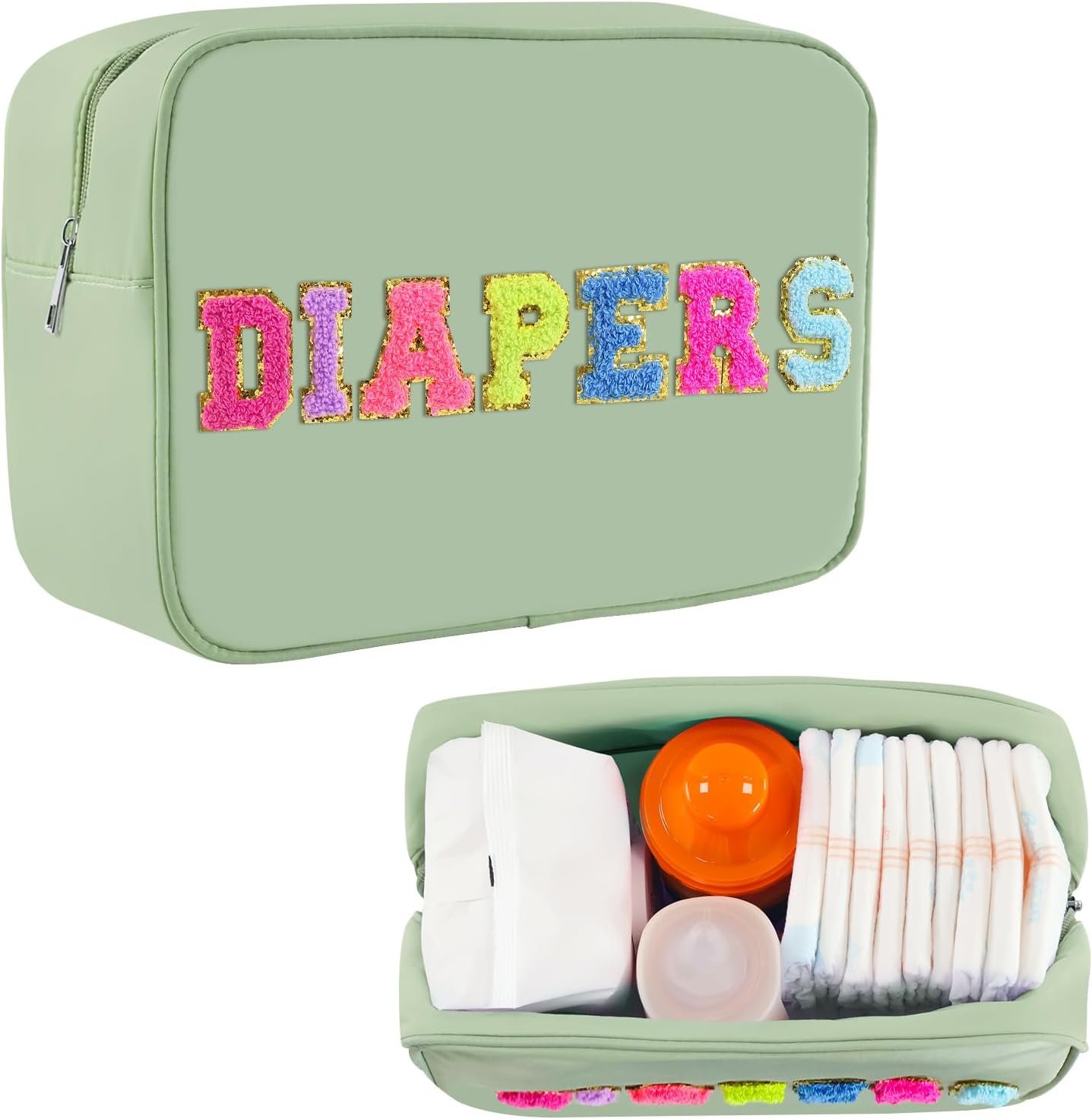 Small Diaper Bag, Chenille Letter Diaper Caddy Organizer Pouch Newborn Baby Essentials Must Haves for Nursery Changing Table, Sage Green Waterproof Diaper Pail Baby Shower Gifts for Mom To Be