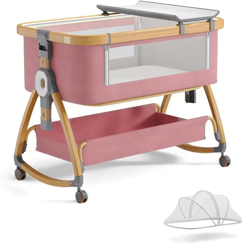 Baby Bassinet, Bedside Bassinet for Baby, 4 in 1 Portable Bassinet Bedside Sleeper with Wheels Mosquito Net & Storage Basket, 6 Height Adjustable Rocking Bassinet for Newborn Baby