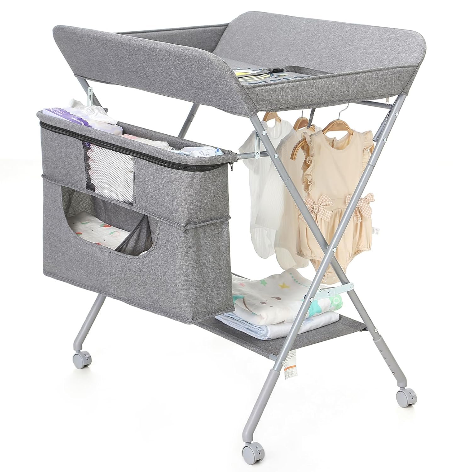 Portable Baby Changing Station with Adjustable Height - Foldable Diaper Table with Wheels,Waterproof Pad, Safety Belt & Large Storage Racks, Ideal for Newborn and Infants (Light Grey)