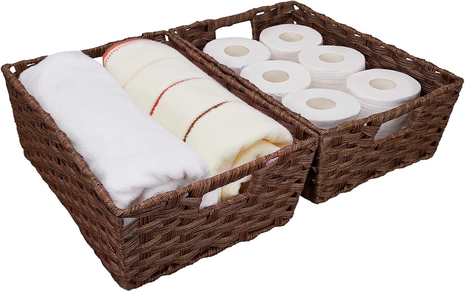 Large Wicker Storage Basket, Metal Frame, Set of 2, Washable Waterproof, 15" x 10.3" x 5.2", Brown Color, Woven Basket for Pantry, Toilet, Bathroom, Bedroom, Patio