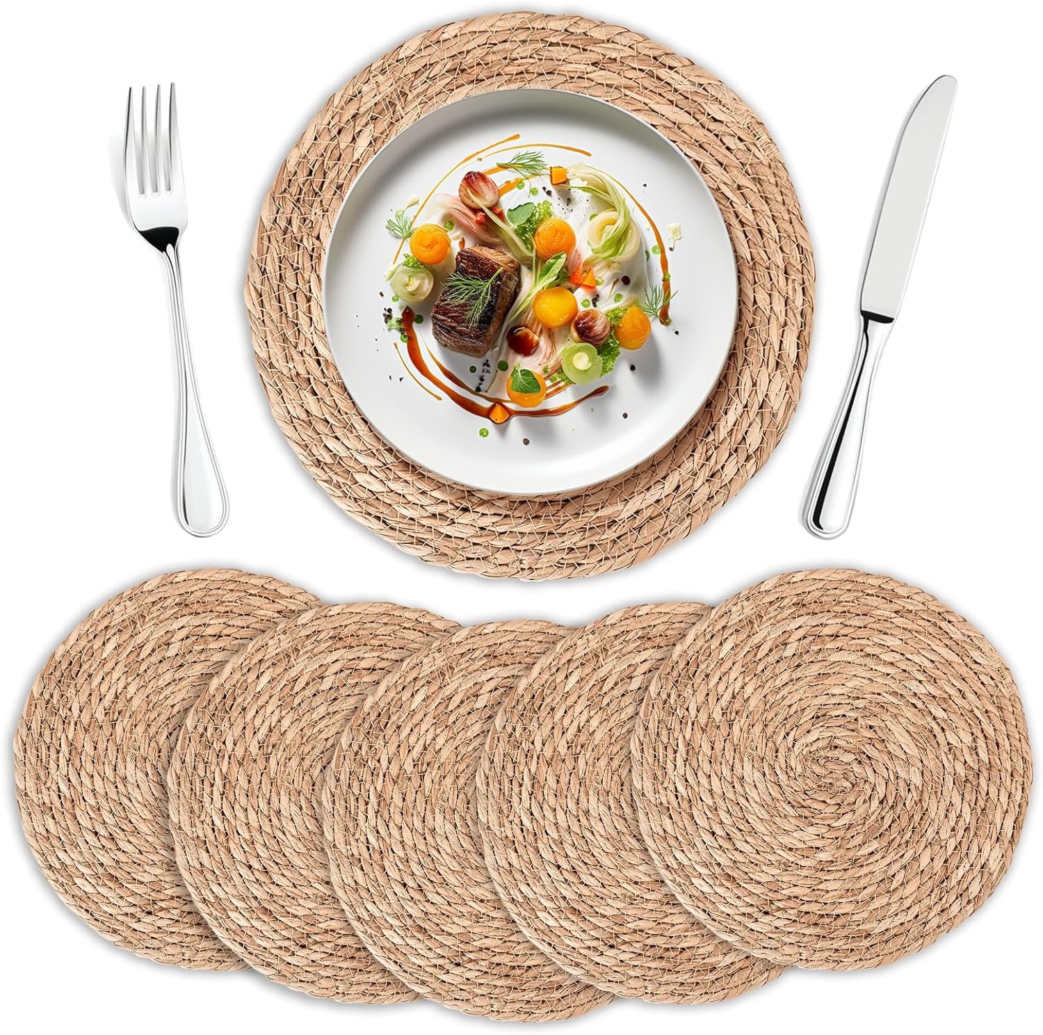 Round Woven Placemats Set of 6 | Handmade Natural Wicker Placemats for Holiday Wedding Home - Slip Heat Resistant Rattan Chargers for Dinner Plates (12 Inch)
