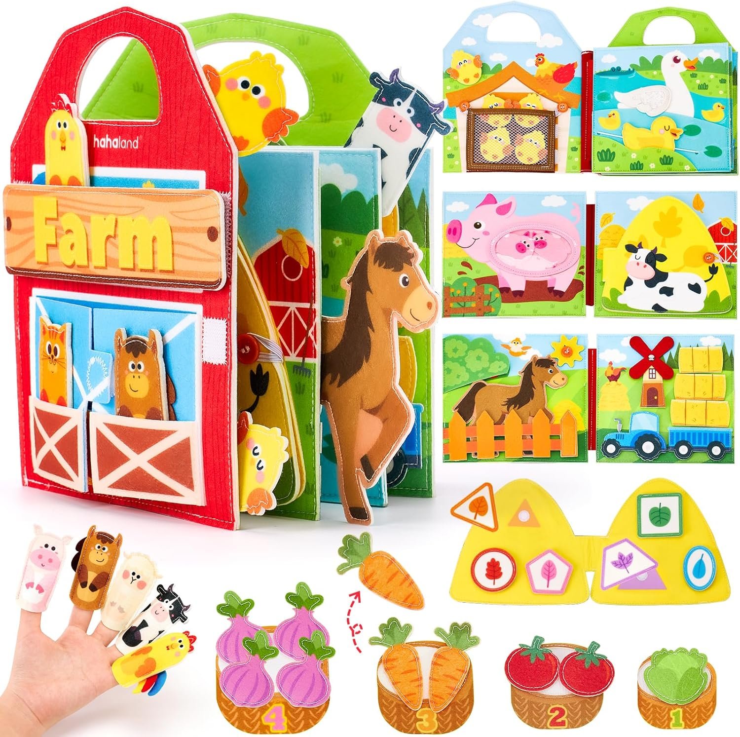 hahaland Busy Book for Toddlers 1-3 - Farm Animals Quiet Busy Board for 1 Year Old, Montessori Toys for 1 Year Old Boy Girl Gifts, Educational First Activity Books Felt Learning Board Baby Travel Toys