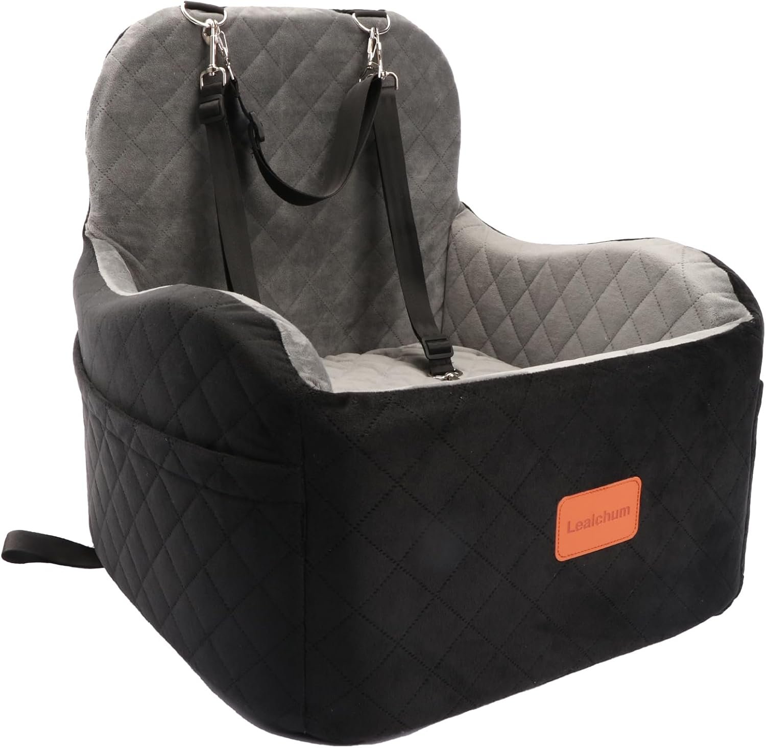 Lealchum Dog Booster Car Seat for Small/Medium Dogs,6in Memory Foam Elevated Cushion,Fully Detachable and Washable,2 Clip-On Safety Leashes,Anti-Slip Base(Black/Grey,Medium)