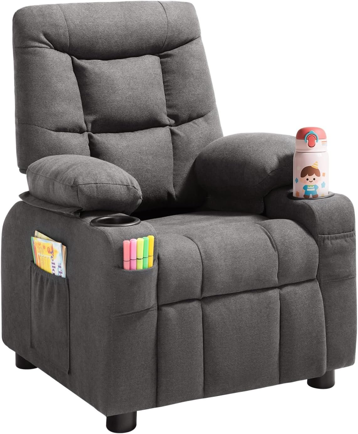 VEVOR Kids Recliner Chair, Toddler Lounger with Cup Holders & Pockets, 107° to 126° Adjustable Back, Breathable Polyester Upholstery Reclining Sofa with Foot-Rest, for Boys and Girls, Children (Gray)